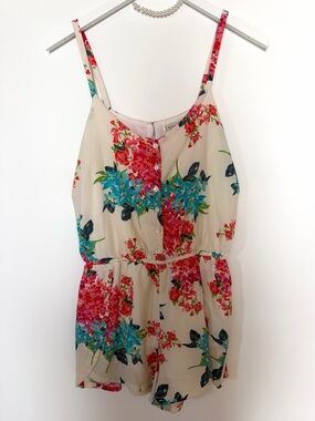 Romper Cream Floral Spaghetti-Strap with Pink & Blue Flowers